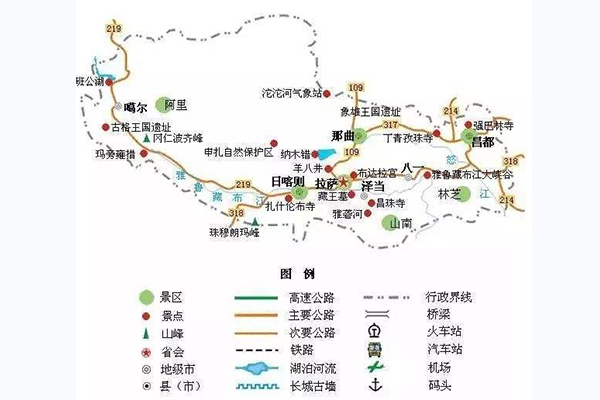 西藏旅游景點線路圖